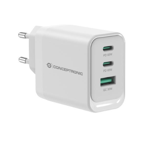 CONCEPTRONIC ALTHEA21W65 CARICABATTERIE DA RETE USB PD GaN a 3P da 55 W USB-C x 2, USB-A x 1, QC 3.0, PPS, PD 3.0 BIANCO